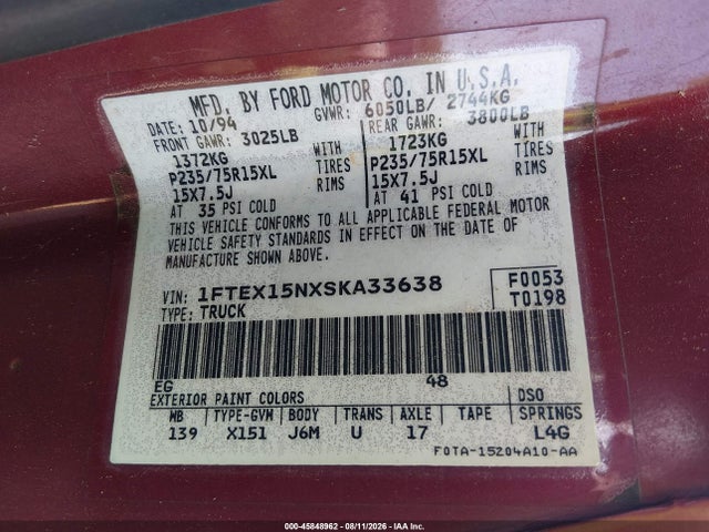 45848962 :رقم المزاد ، 1FTEX15NXSKA33638 vin ، 1995 Ford F150 مزاد بيع