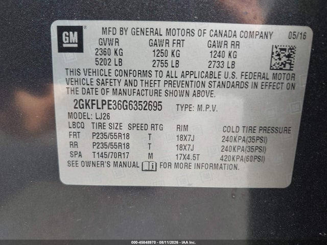 Продажа на аукционе авто 2016 Gmc Terrain Slt, vin: 2GKFLPE36G6352695, номер лота: 45848970
