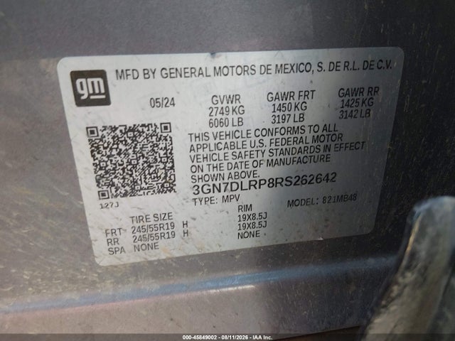 Aukcja sprzedaży 2024 Chevrolet Equinox Ev Lt, vin: 3GN7DLRP8RS262642, numer aukcji: 45849002