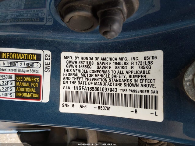 Aukcja sprzedaży 2006 Honda Civic Lx, vin: 1HGFA16586L097943, numer aukcji: 45849014