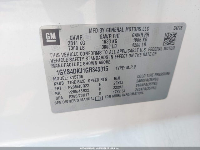 45849031 :رقم المزاد ، 1GYS4DKJ1GR345015 vin ، 2016 Cadillac Escalade Platinum مزاد بيع