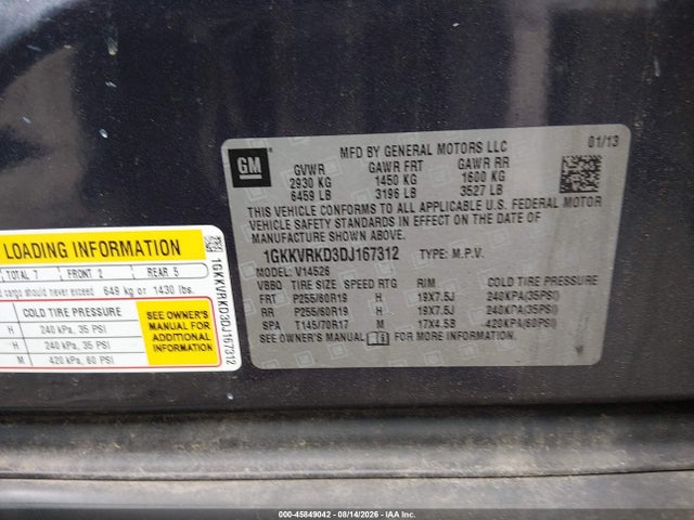 45849042 :رقم المزاد ، 1GKKVRKD3DJ167312 vin ، 2013 Gmc Acadia Slt-1 مزاد بيع