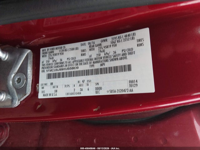 45849046 :رقم المزاد ، 1FMCU9J99HUB58839 vin ، 2017 Ford Escape Titanium مزاد بيع
