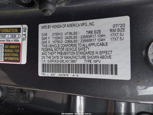 45849049 :رقم المزاد ، 5J6RW2H26LA013867 vin ، 2020 Honda Cr-v Lx مزاد بيع