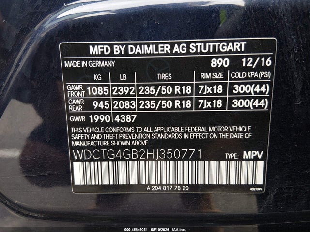 45849051 :رقم المزاد ، WDCTG4GB2HJ350771 vin ، 2017 Mercedes-benz Gla 250 4matic مزاد بيع