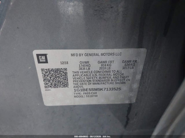 Aukcja sprzedaży 2019 Chevrolet Cruze Lt, vin: 1G1BE5SM5K7133525, numer aukcji: 45849053