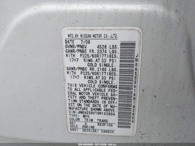 Продаж на аукціоні авто 2009 Nissan Rogue Sl, vin: JN8AS58V19W192684, номер лоту: 45849056