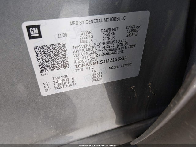 45849059 :رقم المزاد ، 1GKKNMLS4MZ138211 vin ، 2021 Gmc Acadia Fwd Slt مزاد بيع