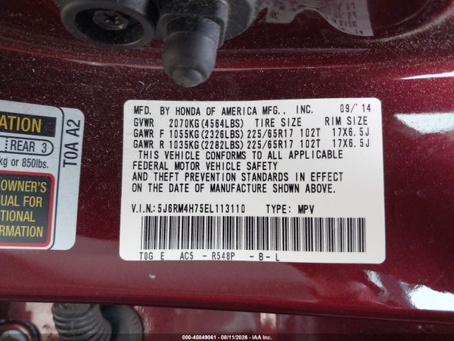 5J6RM4H75EL113110 Honda Cr-v Ex-l