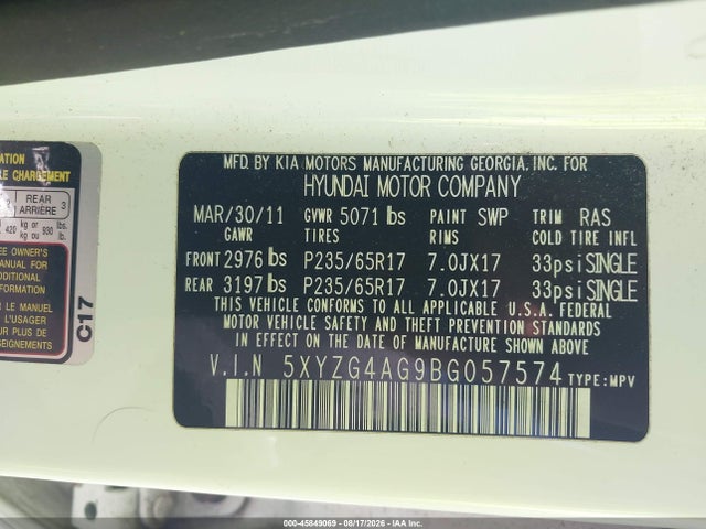 Продажа на аукционе авто 2011 Hyundai Santa Fe Gls V6, vin: 5XYZG4AG9BG057574, номер лота: 45849069