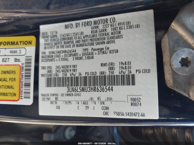 2017 Lincoln Mkz Hybrid Reserve მანქანა იყიდება აუქციონზე, vin: 3LN6L5MU3HR636544, აუქციონის ნომერი: 45849077