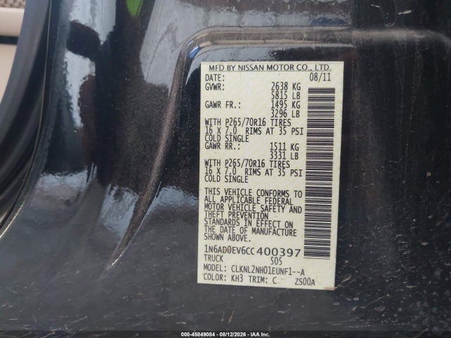 45849084 :رقم المزاد ، 1N6AD0EV6CC400397 vin ، 2012 Nissan Frontier Sv مزاد بيع