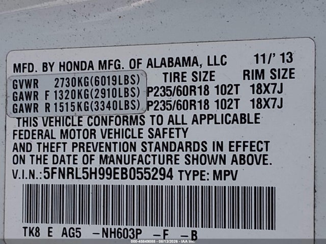 45849088 :رقم المزاد ، 5FNRL5H99EB055294 vin ، 2014 Honda Odyssey Touring/touring Elite مزاد بيع