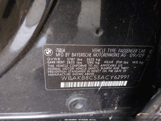 Aukcja sprzedaży 2010 Bmw 750li, vin: WBAKB8C53ACY62991, numer aukcji: 45849094