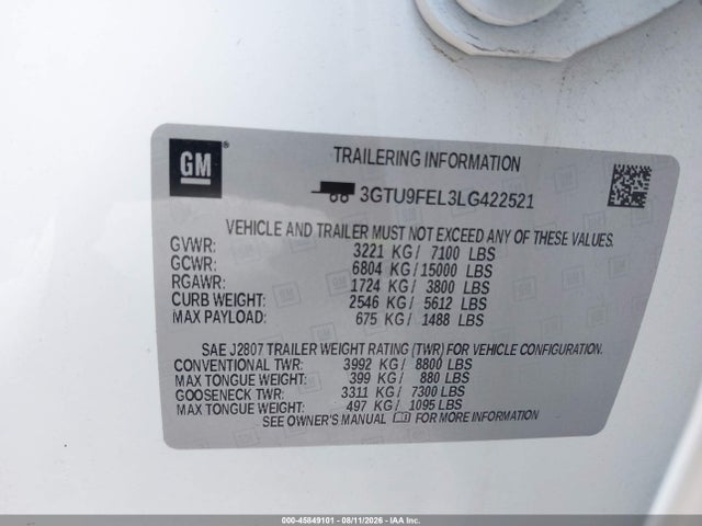 Aukcja sprzedaży 2020 Gmc Sierra 1500 4wd  Short Box Denali, vin: 3GTU9FEL3LG422521, numer aukcji: 45849101
