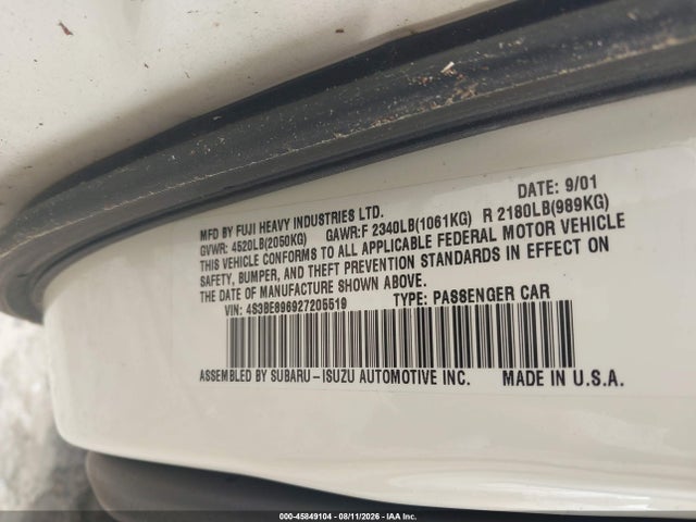 2002 Subaru Outback H6-3.0/h6-3.0 Vdc მანქანა იყიდება აუქციონზე, vin: 4S3BE896927205519, აუქციონის ნომერი: 45849104