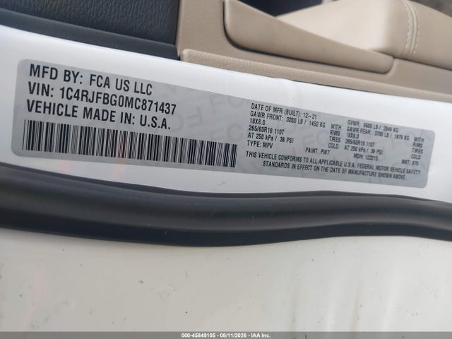 Продажа на аукционе авто 2021 Jeep Grand Cherokee Limited 4x4, vin: 1C4RJFBG0MC871437, номер лота: 45849105