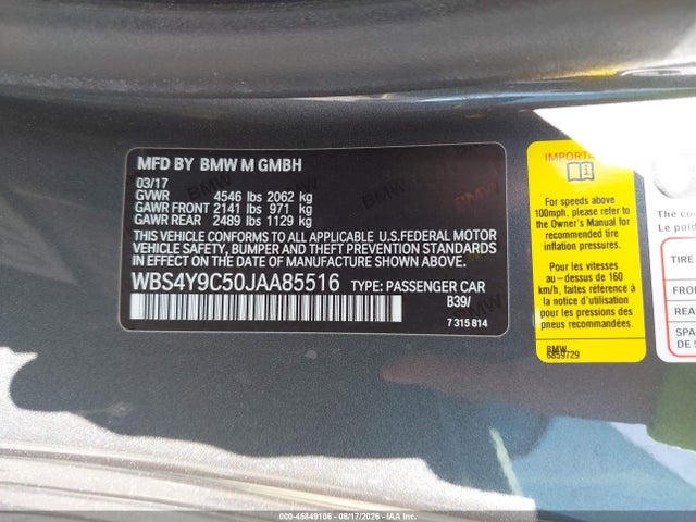 Продаж на аукціоні авто 2018 Bmw M4, vin: WBS4Y9C50JAA85516, номер лоту: 45849106