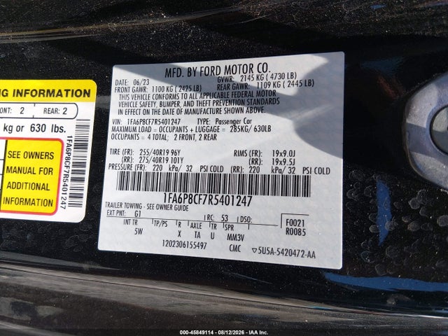 45849114 :رقم المزاد ، 1FA6P8CF7R5401247 vin ، 2024 Ford Mustang Gt Premium Fastback مزاد بيع