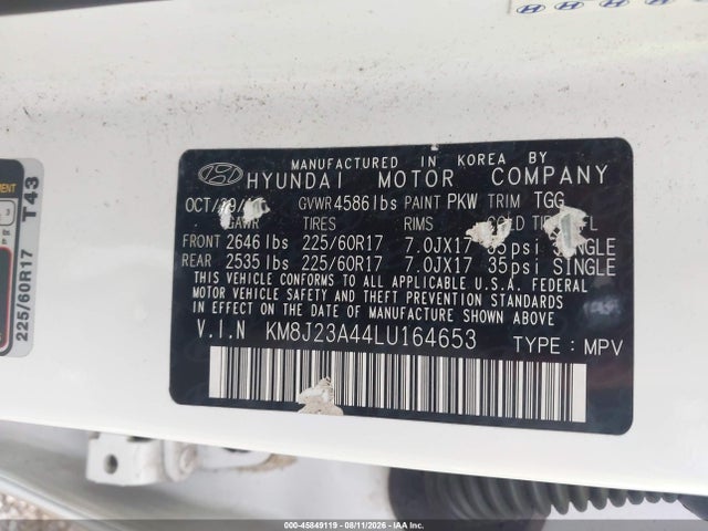 Продажа на аукционе авто 2020 Hyundai Tucson Se, vin: KM8J23A44LU164653, номер лота: 45849119