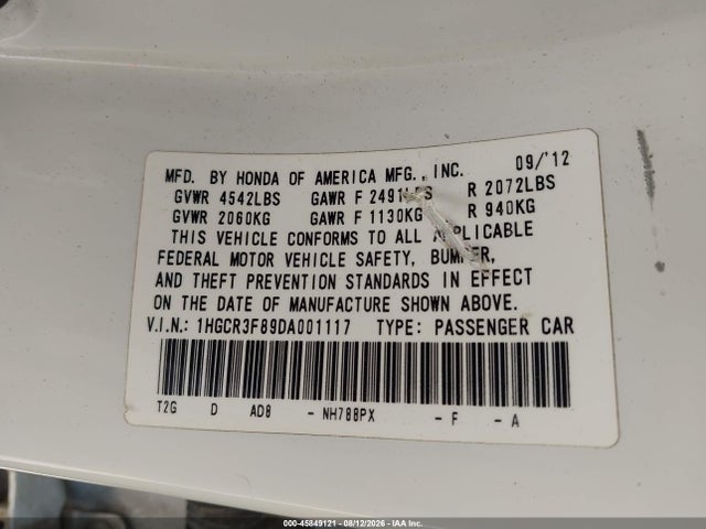 Aukcja sprzedaży 2013 Honda Accord Ex-l V-6, vin: 1HGCR3F89DA001117, numer aukcji: 45849121