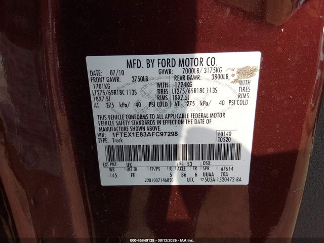 Продажа на аукционе авто 2010 Ford F-150 Stx/xl/xlt, vin: 1FTEX1E83AFC97298, номер лота: 45849128