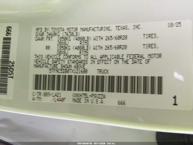 Aukcja sprzedaży 2026 Toyota Tundra Hybrid Platinum Hybrid Crewmax 5.5' Bed, vin: 5TFNC5DB0TX121600, numer aukcji: 45849148