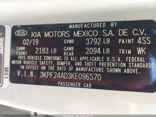 45849151 :رقم المزاد ، 3KPF24AD3KE096570 vin ، 2019 Kia Forte Lxs مزاد بيع