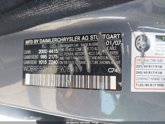 45849185 :رقم المزاد ، WDBRF52H87F908319 vin ، 2007 Mercedes-benz C 230 Sport مزاد بيع