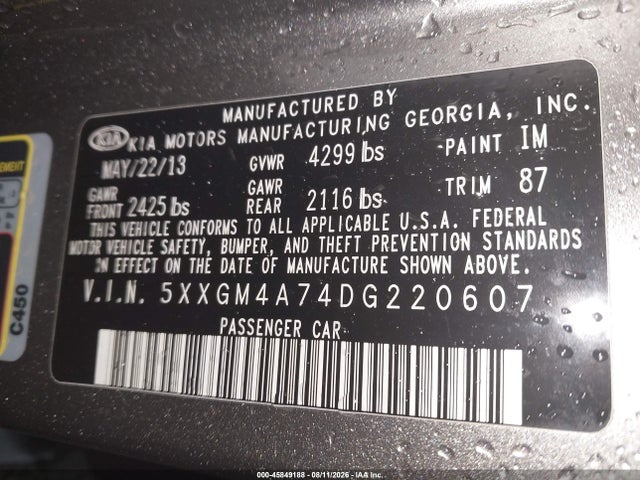 45849188 :رقم المزاد ، 5XXGM4A74DG220607 vin ، 2013 Kia Optima Lx مزاد بيع