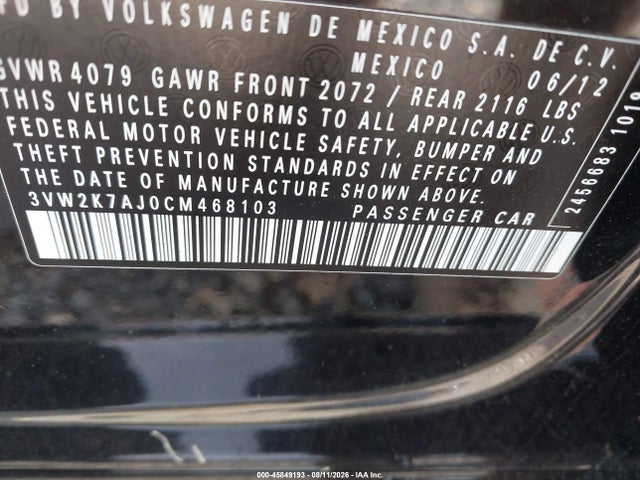 45849193 :رقم المزاد ، 3VW2K7AJ0CM468103 vin ، 2012 Volkswagen Jetta 2.0l S مزاد بيع