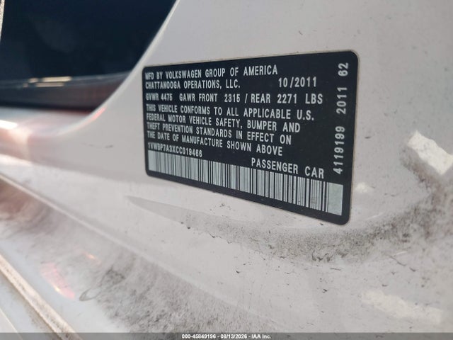 45849196 :رقم المزاد ، 1VWBP7A3XCC019466 vin ، 2012 Volkswagen Passat 2.5l Se مزاد بيع