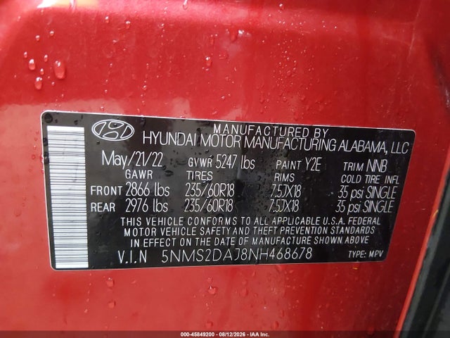 2022 Hyundai Santa Fe Sel მანქანა იყიდება აუქციონზე, vin: 5NMS2DAJ8NH468678, აუქციონის ნომერი: 45849200