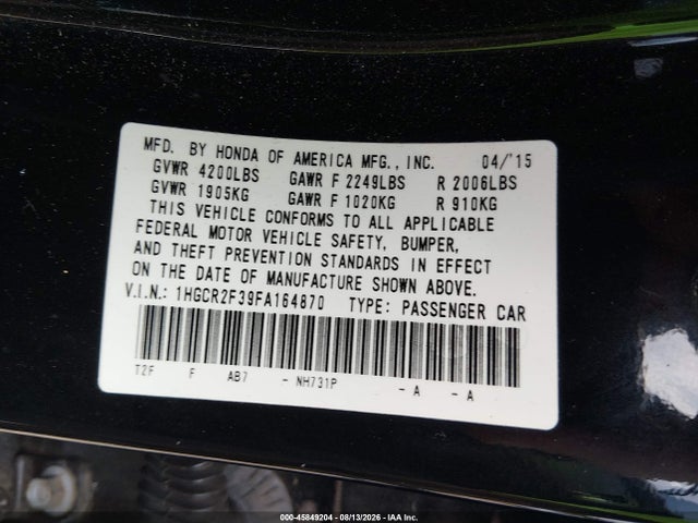 Продажа на аукционе авто 2015 Honda Accord Lx, vin: 1HGCR2F39FA164870, номер лота: 45849204