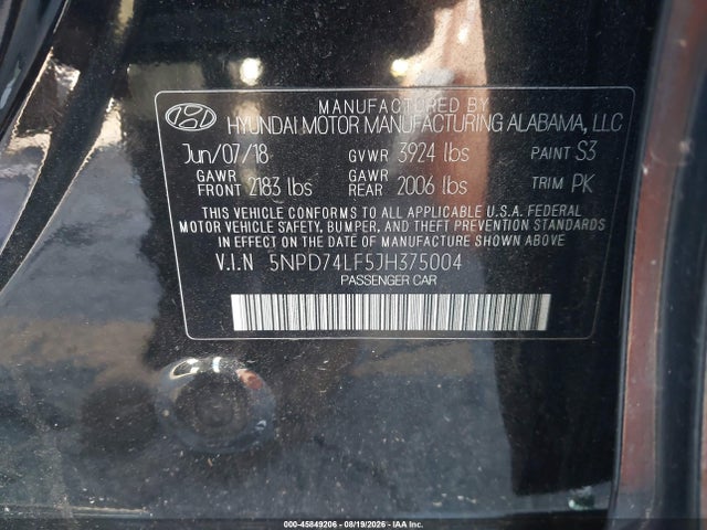 2018 Hyundai Elantra Se მანქანა იყიდება აუქციონზე, vin: 5NPD74LF5JH375004, აუქციონის ნომერი: 45849206