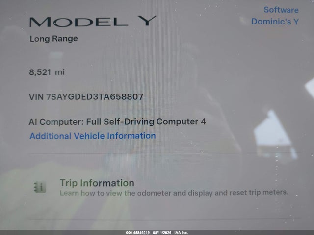 Aukcja sprzedaży 2026 Tesla Model Y Premium/rear-wheel Drive, vin: 7SAYGDED3TA658807, numer aukcji: 45849219