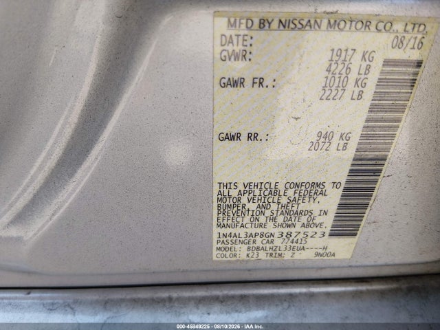 Aukcja sprzedaży 2016 Nissan Altima 2.5 Sr, vin: 1N4AL3AP8GN387523, numer aukcji: 45849225