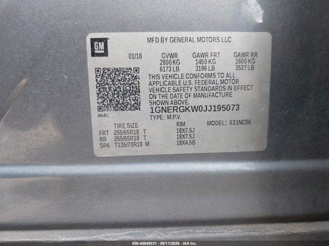 Aukcja sprzedaży 2018 Chevrolet Traverse Lt Cloth, vin: 1GNERGKW0JJ195073, numer aukcji: 45849231