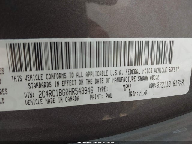 45849235 :رقم المزاد ، 2C4RC1BG0HR543946 vin ، 2017 Chrysler Pacifica Touring-l مزاد بيع