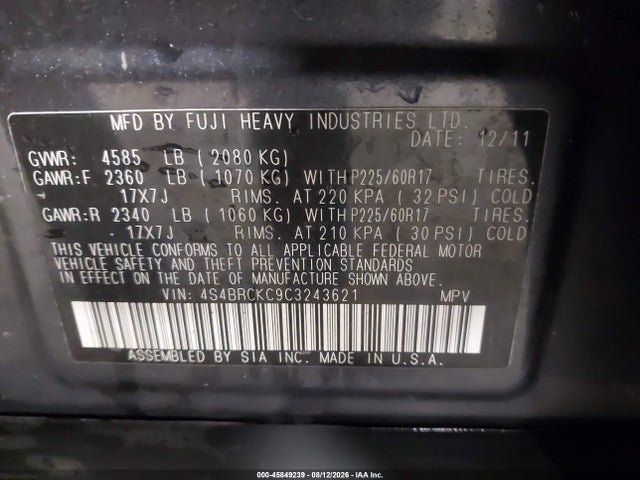 Продаж на аукціоні авто 2012 Subaru Outback 2.5i Limited, vin: 4S4BRCKC9C3243621, номер лоту: 45849239