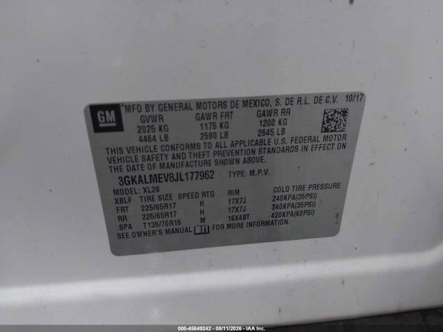 45849242 :رقم المزاد ، 3GKALMEV8JL177962 vin ، 2018 Gmc Terrain Sle مزاد بيع
