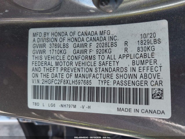 45849243 :رقم المزاد ، 2HGFC2F8XLH597685 vin ، 2020 Honda Civic Sport مزاد بيع