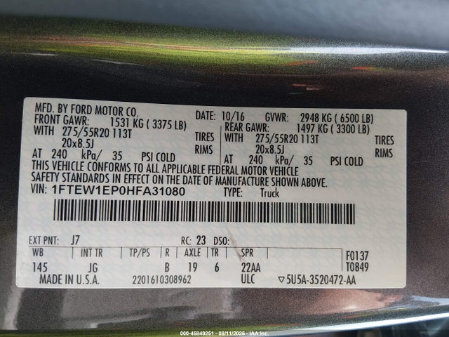 45849251 :رقم المزاد ، 1FTEW1EP0HFA31080 vin ، 2017 Ford F-150 Xl مزاد بيع