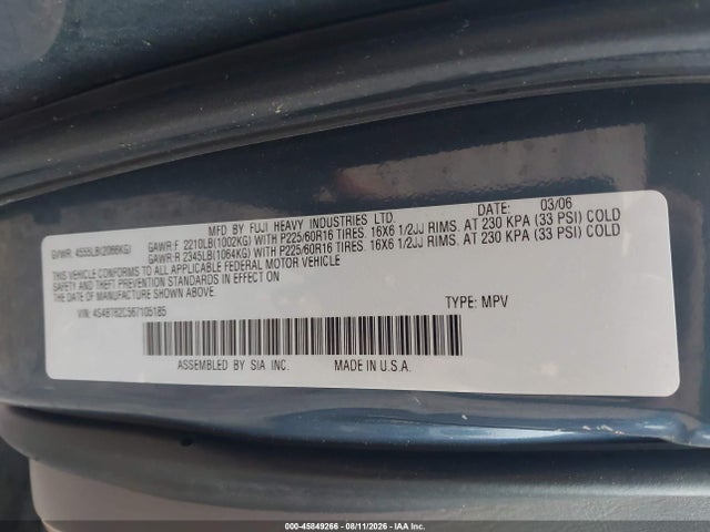 2006 Subaru Baja Sport მანქანა იყიდება აუქციონზე, vin: 4S4BT62C567105185, აუქციონის ნომერი: 45849266