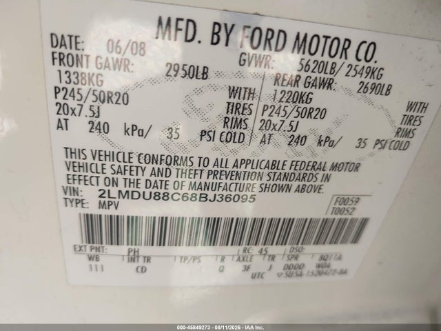 Aukcja sprzedaży 2008 Lincoln Mkx, vin: 2LMDU88C68BJ36095, numer aukcji: 45849273