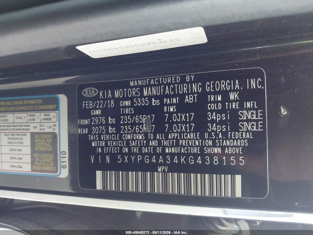 Aukcja sprzedaży 2019 Kia Sorento 2.4l Lx, vin: 5XYPG4A34KG438155, numer aukcji: 45849272