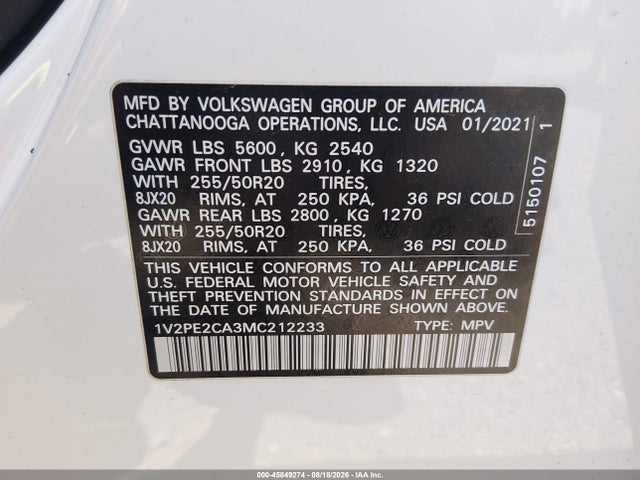 Aukcja sprzedaży 2021 Volkswagen Atlas Cross Sport 3.6l V6 Se W/technology R-line, vin: 1V2PE2CA3MC212233, numer aukcji: 45849274