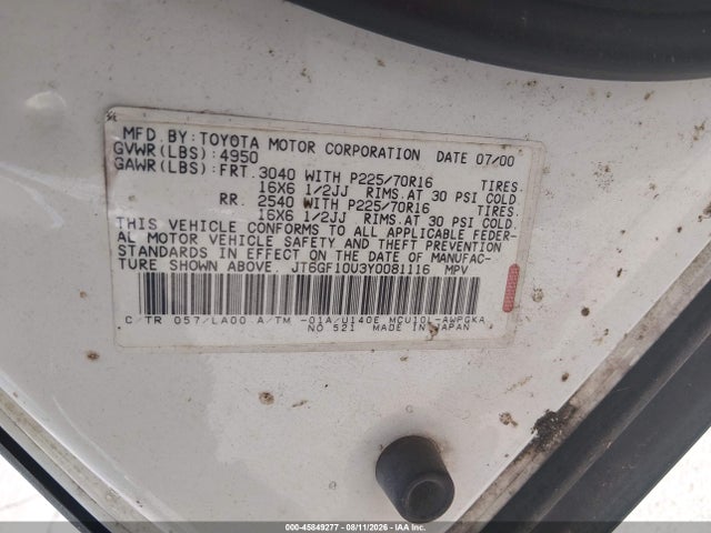 45849277 :رقم المزاد ، JT6GF10U3Y0081116 vin ، 2000 Lexus Rx 300 مزاد بيع