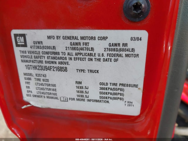 2004 Gmc Sierra 2500hd Sle მანქანა იყიდება აუქციონზე, vin: 1GTHK23U94F216858, აუქციონის ნომერი: 45849281