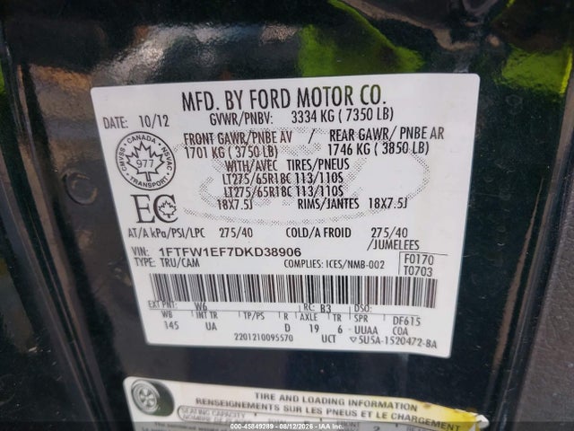 45849289 :رقم المزاد ، 1FTFW1EF7DKD38906 vin ، 2013 Ford F-150 Xlt مزاد بيع